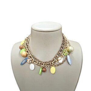 Women's Statement Multi Layer Chain Charm Multi Color Necklace Gold Tone NWOT